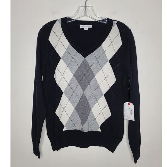 St. John's Bay Sweaters - NWT St John's Bay black white grey argyle plaid cotton v-neck sweater small pet